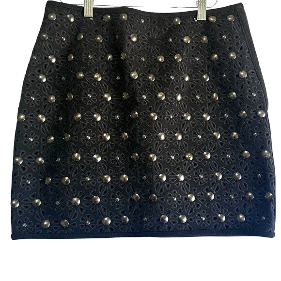 Catherine Malandrino Black Embellished Silver Studded Cutout Mini Skirt Size 8 - Picture 1 of 8
